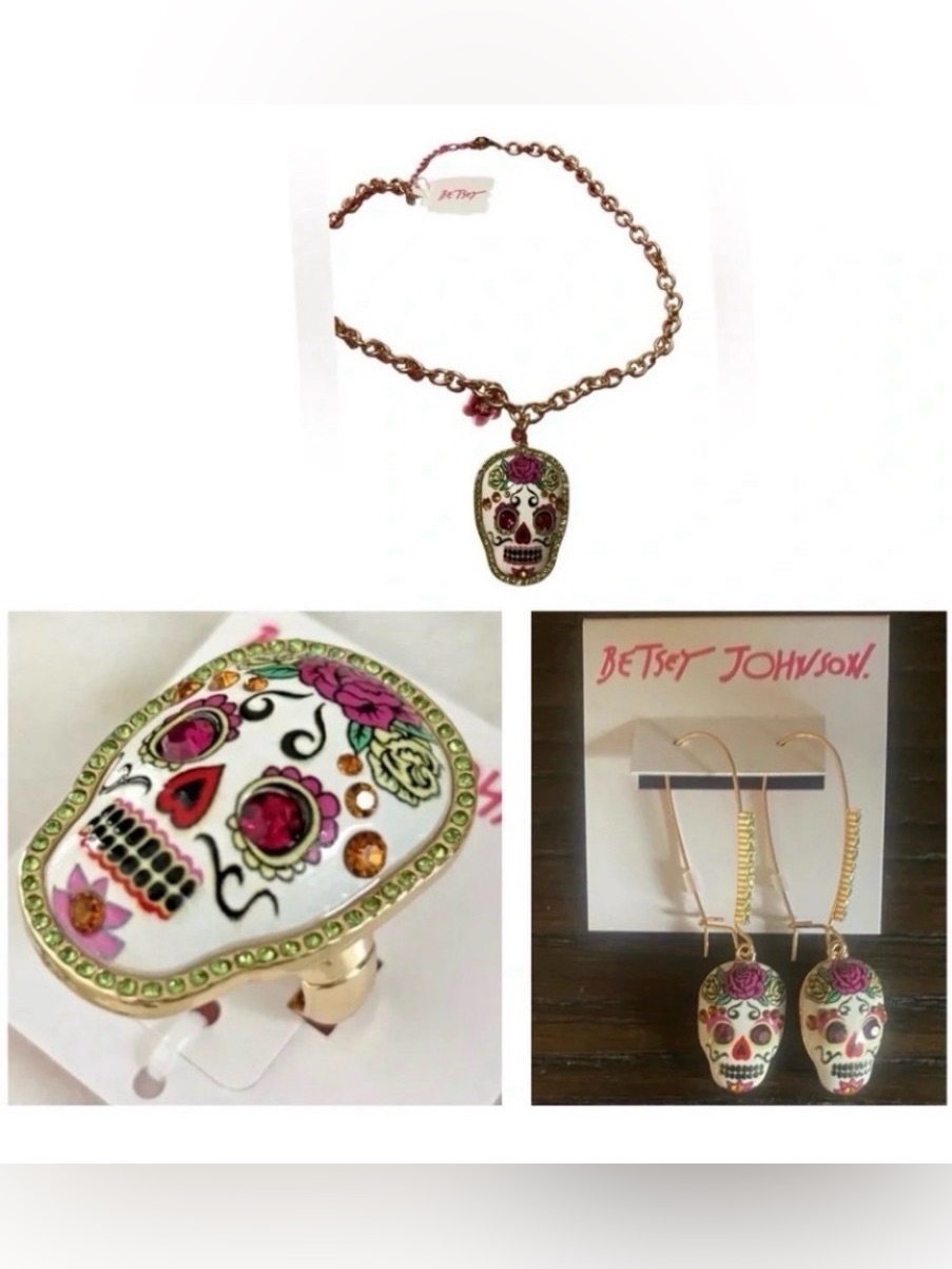 Betsey Johnson Set Sugar Skull Day Of The Dead Earrings Necklace Ring New Nwt